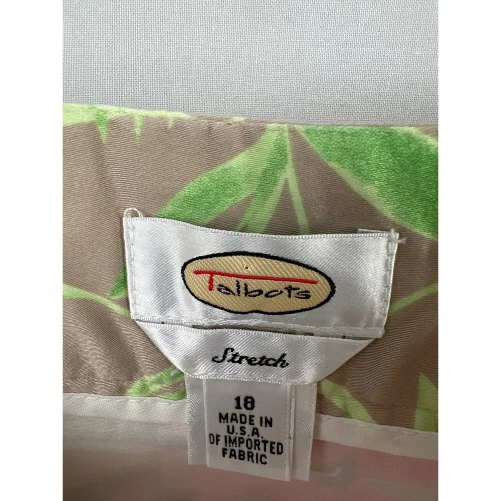 Talbots Floral Skirt Womens 18 Tan Pink Green Cotton Stretch A-Line Side Zip